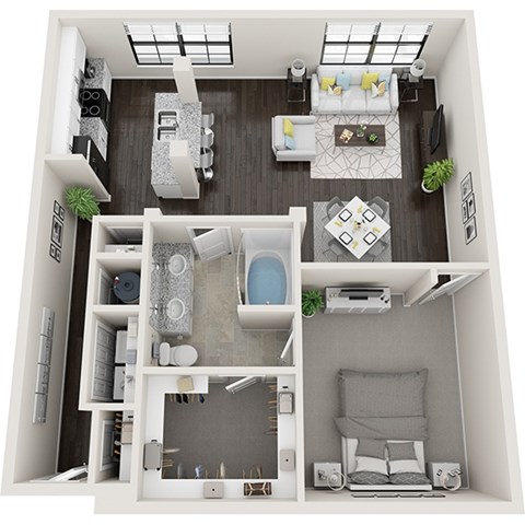 Floor plan for 1 bed, 1 bath, 961 sqft